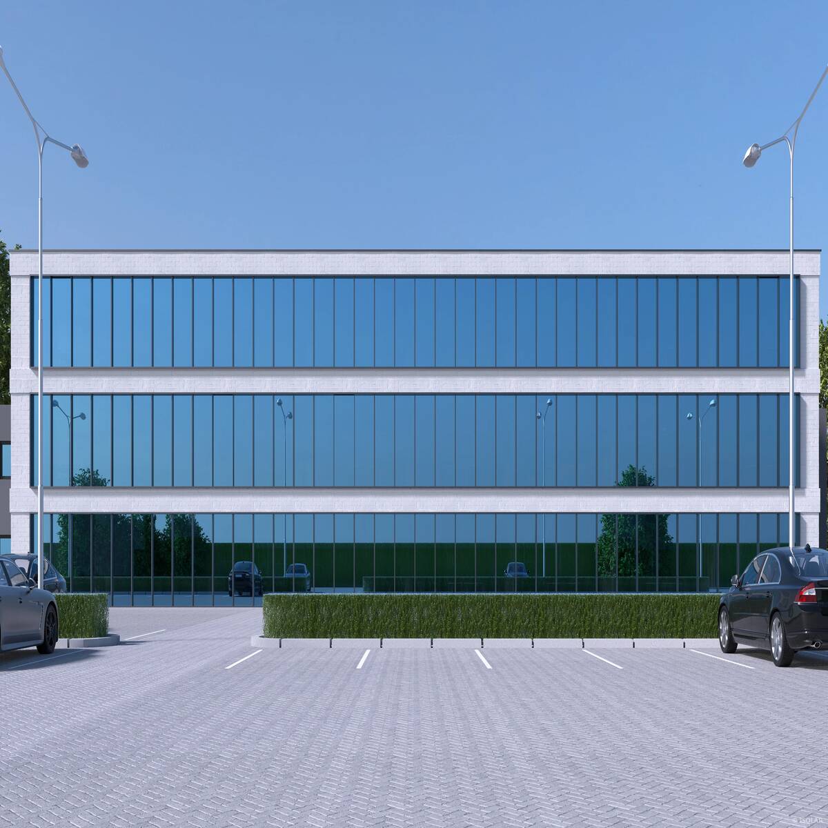 The ISOLAR SOLARLUX® sunbelt ocean glass from Arnold Glas provides strong solar protection with a calm blue-grey tone, delivering energy efficiency and elegant façade reflections in bright sunlight.