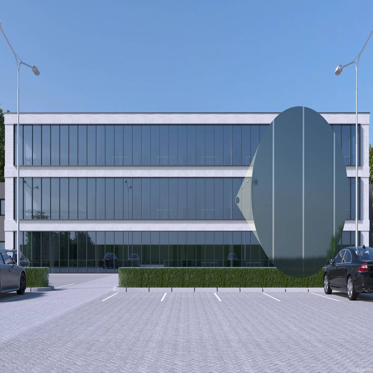 The ORNILUX® design lines A70 glass features fine linear patterns that provide effective bird protection while maintaining transparency and elegant visual structure in bright sunlight.