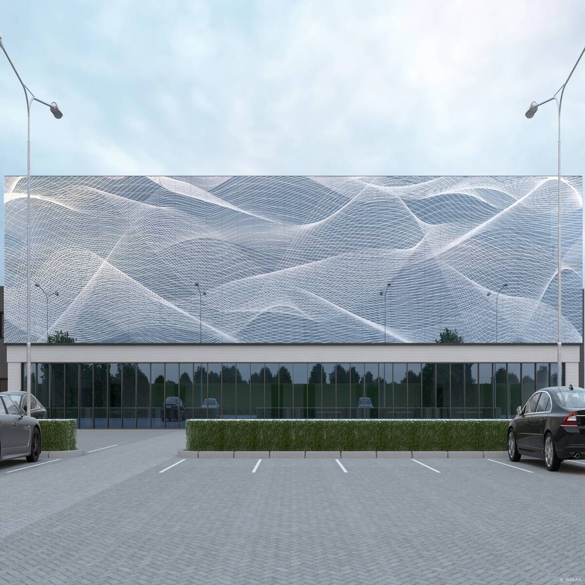 The ISOLAR DEKOREX® decodesign A70 glass features a fine, 10% printed surface that combines modern aesthetics with soft light diffusion, ideal for architectural façades and interior design.