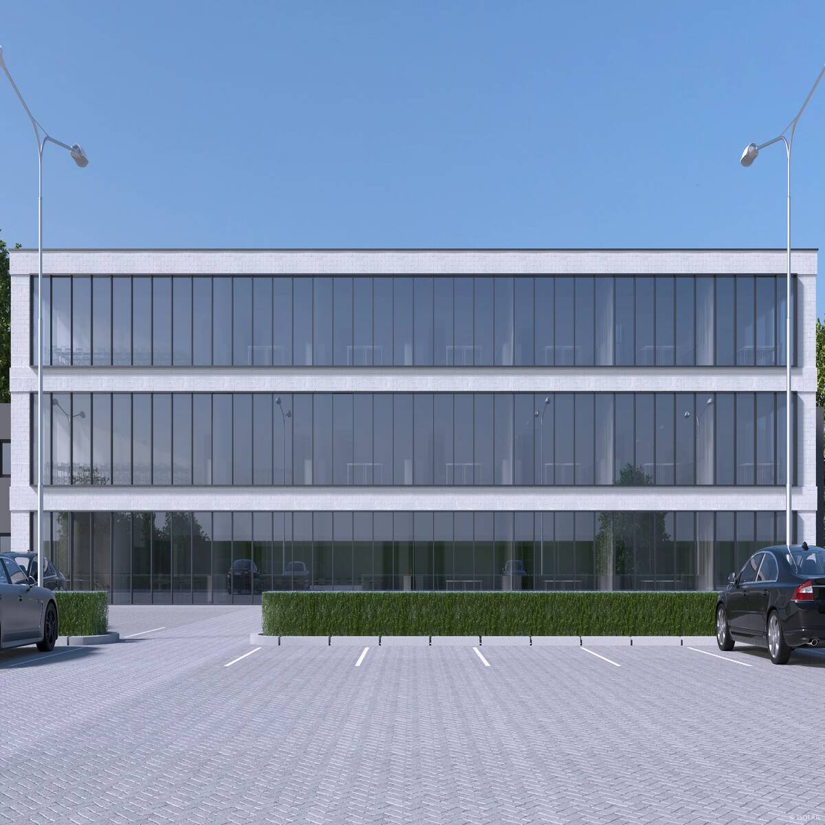 A sun-drenched modern building featuring highly transparent SUNBELT D70 oHT glazing by Arnold Glas, offering maximum natural light without overheating.