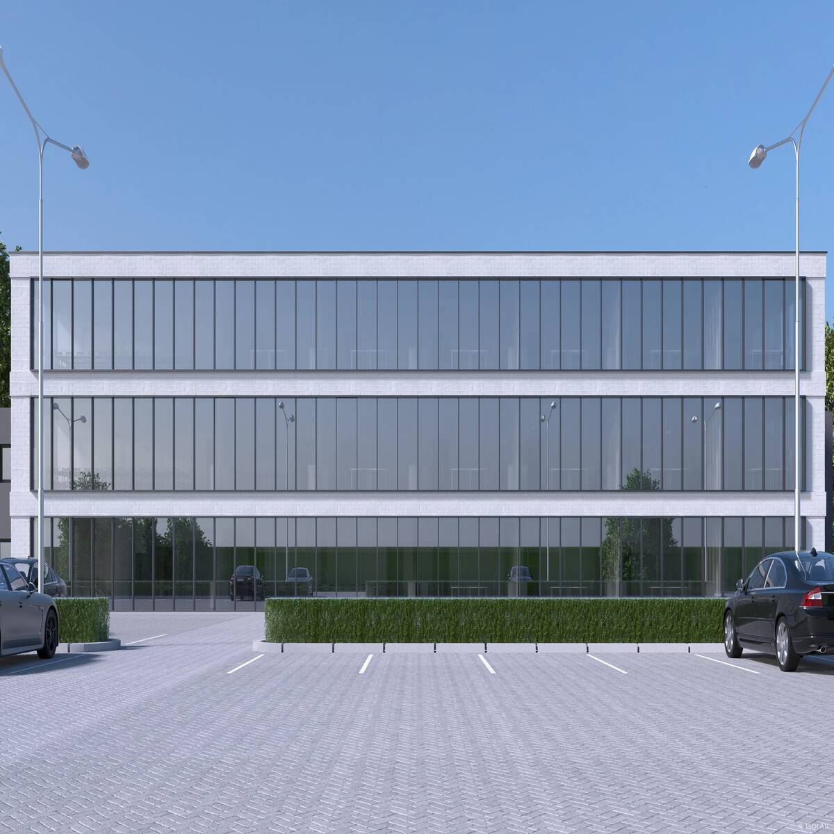 The ISOLAR SOLARLUX® sunbelt D40 glass from Arnold Glas provides effective heat protection and a subtle grey tone, offering balanced daylight and elegant façade reflections in direct sunlight.